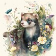 A watercolor portrait of a playful little ferret darting through a thicket of branches and flowers Generative Ai