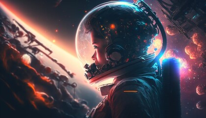 Wall Mural - astronaut illustration in space with cosmic light effects created with generative ai technology