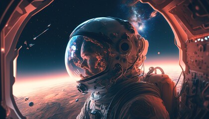 Wall Mural - astronaut illustration in space with cosmic light effects created with generative ai technology