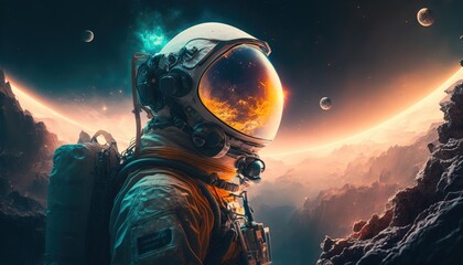 Wall Mural - astronaut illustration in space with cosmic light effects created with generative ai technology