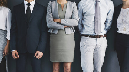 Poster - In line for success. Cropped studio shot of a group of businesspeople standing in line against a gray background.