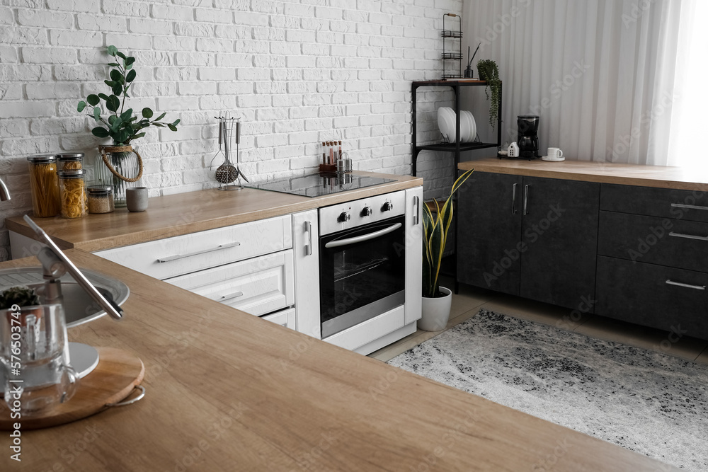 Interior of light kitchen with white counters, electric oven and houseplants