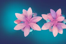 Two Pink Flowers With Green Leaves On A Dark Background With A Light Blue Background And Light Pink Flower, Green Leaves On Dark Background With Light Blue Background With Light Pink. Generative AI