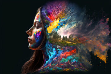 Wall Mural - Woman meditating with colorful nature energy, fictional person, Generative AI	