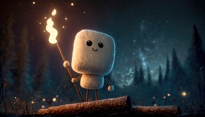 Marshmallow campfire roast character created with generative AI technology.