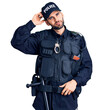 © Krakenimages.com - Young handsome man with beard wearing police uniform confuse and wonder about question. uncertain with doubt, thinking with hand on head. pensive concept.