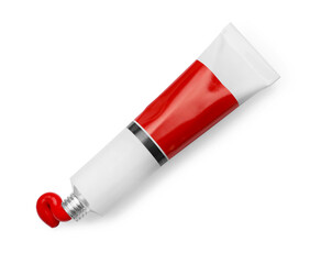 Poster - Tube with red oil paint on white background, top view