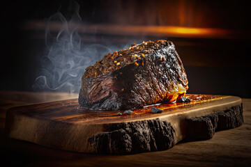 A juicy and tasty ancho steak on wooden board.