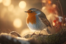 Bird In Winter, In Poor Focus, Perched On A Branch In Bright Sunlight Generative AI