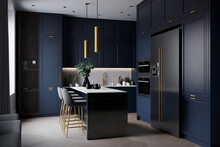 A Modern Kitchen With A Sleek And Sophisticated Design. The Dark Blue Color Scheme Adds A Touch Of Elegance And Luxury To The Space, Complemented By Soft Lighting. Generative Ai