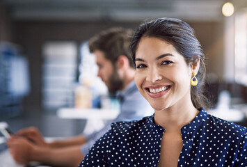 Aufkleber - Portrait of woman in creative agency with smile, confidence and success startup design office. Face of happy designer in office, Indian manager or team leader with digital tech and coworking space.
