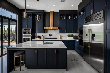 a modern kitchen with a sleek and sophisticated design. The dark blue color scheme adds a touch of elegance and luxury to the space, complemented by soft lighting. generative ai