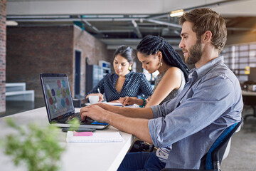 Poster - Office laptop, typing or person working on advertising data analysis, social media statistics or customer experience insight. Brand monitoring software, coworking research or man review web analytics