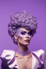 Wall Mural - Beautiful drag queen studio shot over purple background. Generative AI