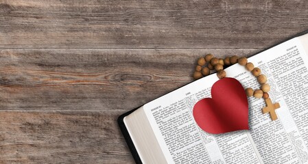 Poster - Holy Bible book on the table with Cross and heart