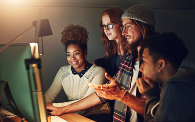 Aufkleber - Computer, office collaboration or night team programming ERP software, cybersecurity system or programmer code. App data science, ai developer or diversity teamwork on coding cloud computing database