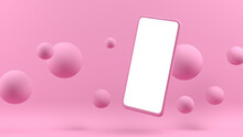 Pink Cell Phone Mockup Floating For Applications And Websites. Pink Background And Floating Balls.
