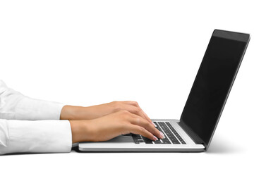 female hands on laptop on a white background