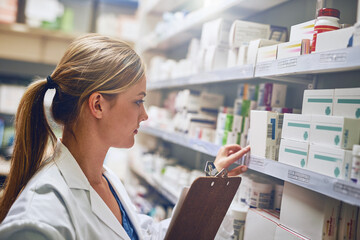 Poster - Shell change your live for the better. Shot of a pharmacist looking at medication on a shelf.