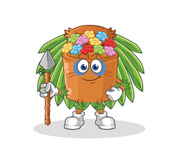 Sticker - flowers in pot tribal man mascot. cartoon vector