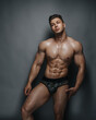 Handsome caucasian male model in military underwear on grey background. Sexy muscular guy with six pack abs in studio. Attractive bodybuilder in briefs on grey background.