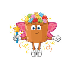 Poster - flowers in pot fairy with wings and stick. cartoon mascot vector