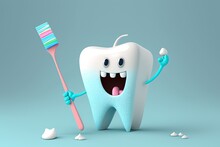 White Happy Tooth With A Toothbrush On Blue Background. Cartoon Character. Generative AI
