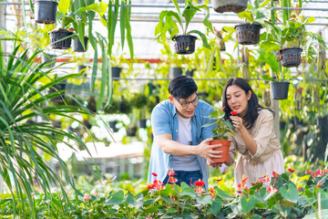 Happy Adult Asian family couple choosing and buying plant together at plant shop street market on summer vacation. Man and woman enjoy hobbies and leisure activity growing plant and flower at home.