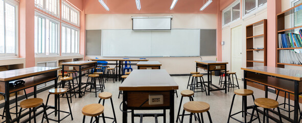 View of the interior of elementary school, spherical 360 degrees, a panorama of the room and interior design.