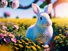 Cute And Adorable Baby White Bunny Lies In Colorful Flowers. Generative AI