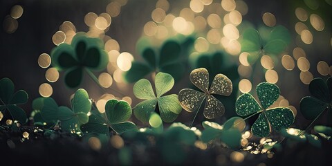 Wall Mural - Lucky shamrocks with golden bokeh glitter. St. Patrick's Day background. Luck of the Irish. Four Leaf clover.