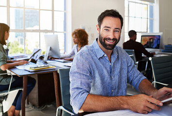 Aufkleber - Man, tablet and office with portrait, smile and planning for web design, seo and website ux at startup. Businessman, coworking and digital touchscreen ui for online strategy, vision and brainstorming