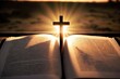 Bright sun light and bible book and the cross silhouette of the Holy Jesus Christ guiding the bright path. Generative AI