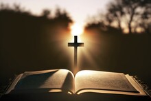Bright Sun Light And Bible Book And The Cross Silhouette Of The Holy Jesus Christ Guiding The Bright Path. Generative AI