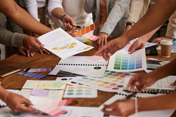 Poster - Creative business people, hands and color palette in meeting, planning or brainstorming design strategy at office. Hand of group interior designers in teamwork, project plan or swatches for startup