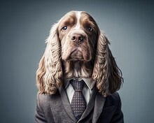 Portrait Of A Cocker Spaniel, Dog Dressed In A Formal Business Suit, Generative Ai