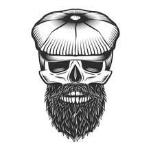 Skull With Beard And Mustache In The Tweed Hat Flat Cap Vector Vintage Illustration