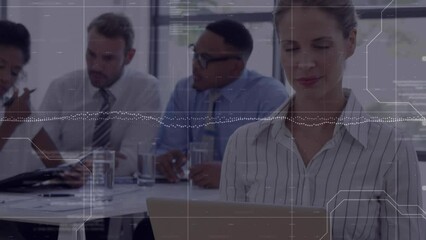 Poster - Animation of data processing and shapes over happy diverse business people talking in office