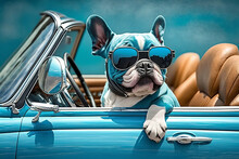 Cute Dog Wearing Sunglasses Driving A Blue Car, Generative AI