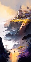 Wall Mural - 4K resolution or higher,  New type of futuristic coastal village. Generative AI Technology