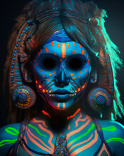 Religious Witch Skull Face In Blue Neon Florescent Lights And Full Tattoo And Costumes 