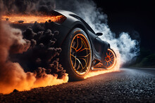 A Racing Car Doing Tricks On The Road Breathing Fire And Smoke In Its Tires