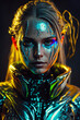 © Lemart - Editorial photography of blonde woman, dripping in metal lacquer neon sci - fi liquid glass, psychedelic dmt, iridescent mask. AI-Generated