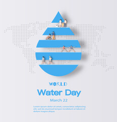 Wall Mural - World Water Day, save the planet and water concept, people on a drop of water sign. Paper illustration and 3d paper.