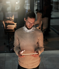 Poster - Tablet, office and business man at night for research, internet and social media on balcony. Technology, communication and male with digital tech for email, networking and online website in dark