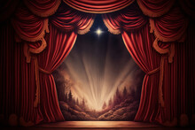 Magic Theater Stage Red Curtains Show Spotlight.  Generative AI