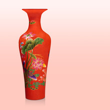 Front View Antique Big Red Ceramic Vase On Pink And Cream Gradient Background, Object, Decor, Fashion, Gift, Home, House, Copy Space