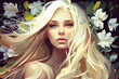 woman with blonde hair with spring flowers all around her, illustration, fictional woman, ai generated
