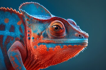 close up of a red color chameleon lizard on blue background, generative ai