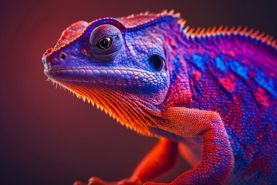 close up of a red and blue color chameleon lizard on purple background, generative ai